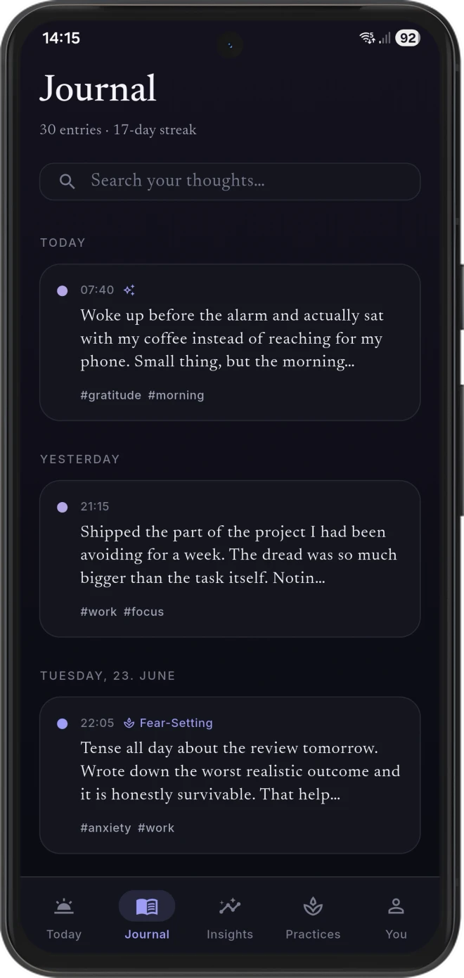 Ponder journal entries stored locally on Android, private by design